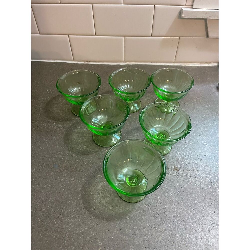 Vintage Federal Glass Green Uranium Glass Footed Dessert Bowls Set of 6